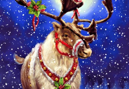 Riegndeer - moon, xmas, light, antlers, deer, holly, snow, animal, moonlight