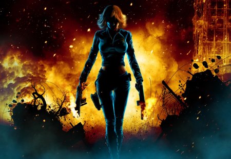 I'm Gonna Bust You Up - woman, female, red, killer, orange, guns, fire, hunter