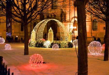 Christmas in Town - winter, lights, snow, candle, church