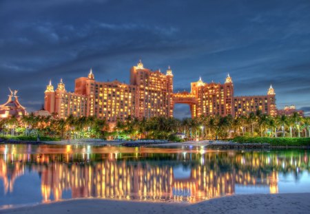 atlantis in the bahamas hdr - hotel, lights, bay, trees, hdr