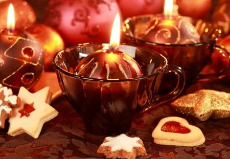 Merry Christmas! - red, cookie, christmas, fire, candle, tea cups, light, heart, golden, star, glitter