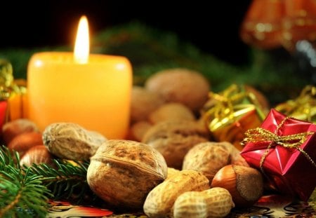 Merry Christmas! - yellow, nuts, candle, light, tree, christmas, fire, red, green, box, gift, golden