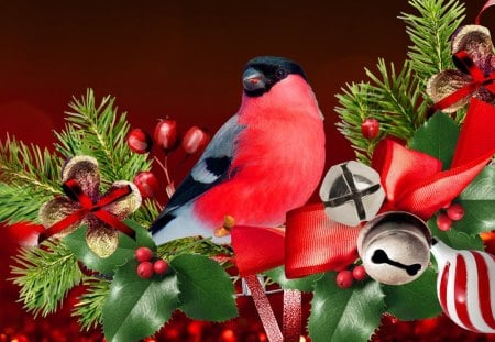 Christmas Bird Celebration - bird, silvler bells, fir, holly, tree, christmas, berries, feliz navidad, jingle bells, nature, cones, spruce