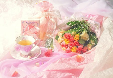 â™¥.Fragrance of Roses.â™¥ - love, bows, feeling, fragrance, tea cup, lovely, love four seasons, pretty, yellow, beautiful, orange, sweet, beloved valentines, gifts, herbal, pearl