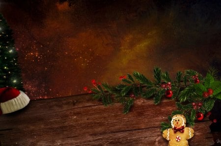 Home For the Holiday - gingerbread man, cookie, light, wooden, christmas, wood, glow, dark, warm, tree, feliz navidad, rustic, santa hat, panel, homey