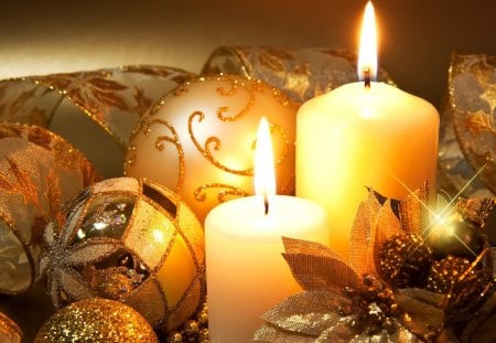 Candles Glow Bright - balls, decorate, gold, lace, christmas, feliz navidad, ribbon, poinsettia, decorations, golden