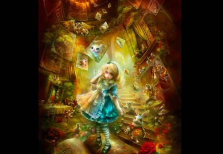 Alice - rabitt, pig, fantasy, bunny, white, painting, queen, art, wonderland, blonde hair, dog, cute, girl, shu, alice, blue, red, animal, dress