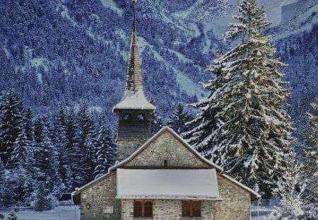 Church in the mountains in winter - hills, winter, snow, valley, church, nature, spruce, pine, mountains