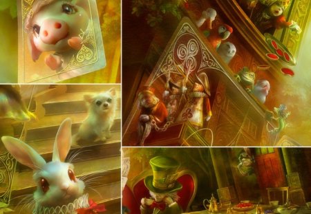 Alice (detail) - girl, pig, detail, shu, painting, alice, art, queen, wonderland, red, dog, cards