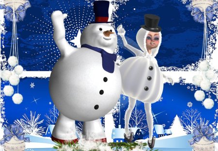 Snowman and girlfriend - snowman, girl, snow, winter, christmas