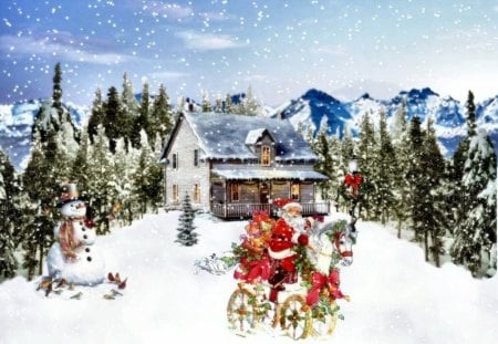 Santa brings gifts - frozen, cottage, frost, cabin, gifts, chalet, nature, mountain, cold, winter, snowflakes, bicycle, decoration, santa claus, sky, snowing, clouds, santa, house, trees, snow