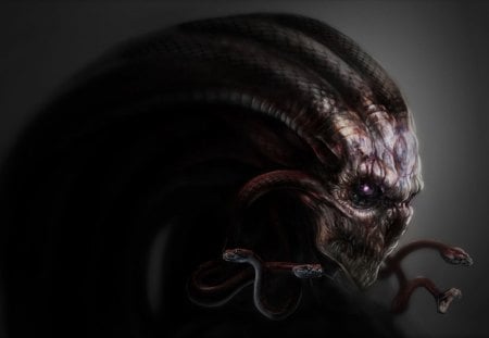 Medusa's skull - snake, eyes, hair, dark, wrrior, creature, widescreen, fantasy, demon