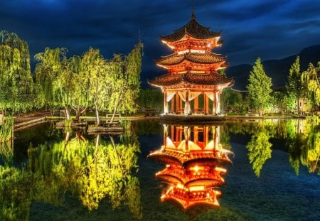 beautiful chinese pavilion reflection - trees, pond, lights, pavilion, reflection