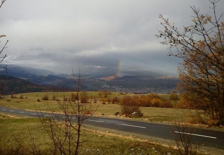 Road - kosovo, road, clouds, rainbow