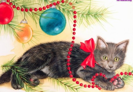 áƒ¦.Magic Cat in Xmas.áƒ¦ - greeting, seasons, cute, beautiful, holidays, christmas, party time, bow, merry, balls, decorations, tree, colorful, new year, festival, winter, pretty, cool, chic, sweet, xmas, ornaments, celebration, lovely, colors