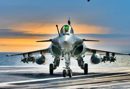 dassault rafale on an aircraft carrier - military, plane, carrier, sunset