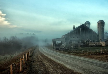 gorgeous foggy farmstead - road, fence, fog, farm