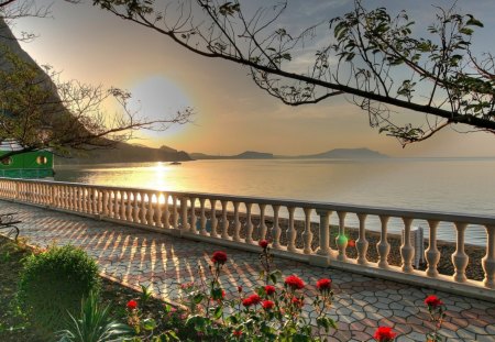 marvelous lake front - lake, sunset, garden, rail