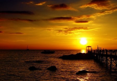 golden sunset - rocks, pier, sunset, sea, boats