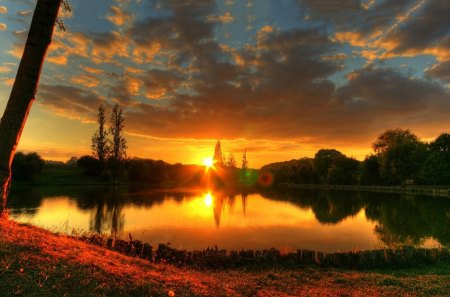 outstanding summer lake sunset - silhouettes, lake, sunset, clouds