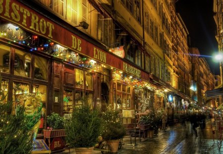 marvelous side street in lyon france - street, night, wallpaper, buildings, stores, restaurant, france, cobble stones, city, architecture, planters, hdr, lyon, new, lights