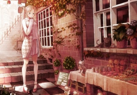 Cat Shop - garden, girl, cute, orginal, art, cat, building, shop