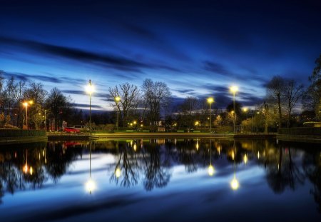 Park at the lakeside - sky, tree, lakeside, park