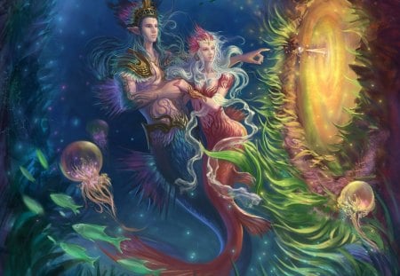 Deep Love - woman, couple, girl, magic, jellyfish, wallpaper, love merpeople, fantasy, art, mermaid, beautiful, digital