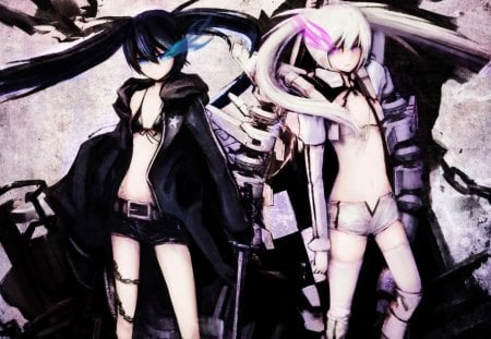 Black Rock Shooter - tail, twin, sexy, hot, girl, hair, eyes, shooter, black, white, pink, blue, anime, weapon, rock, guns