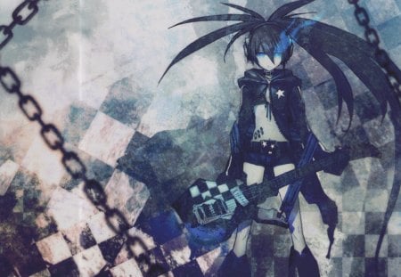 Black Rock Shooter - anime, blue, hot, shooter, rock, girl, eyes, tail, guitar, black, cute, twin, sexy