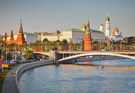 the kremlin in moscow - river, churches, city, building, bridge