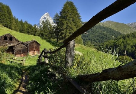 wooden shacks in the alps - trees, fence, mountains, shacks