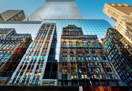 unbelievable skyscraper reflection in nyc - city, skyscrapers, glass, reflection