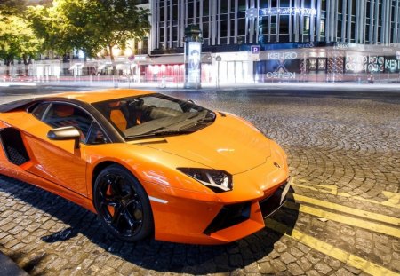 orange lamborghini - cobble stones, street, car, lights