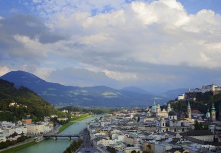 beautiful salzach river in salzburg austria - clouds, city, mountains, rive, bridges