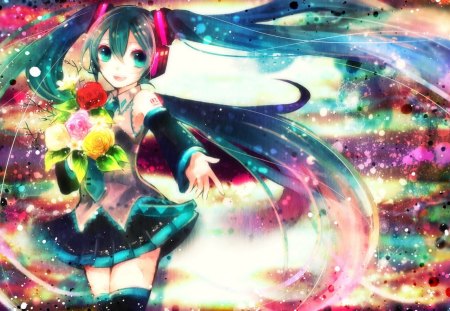 Miku - beauty, female, headphone, twintail, singer, anime girl, multicolour, tattoo, multicolor, idol, anime, color, miku, cute, hatsune miku, girl, light, long hair, vocaloids, abstract, colour, vocaloid, sweet, diva, green hair, dress, flower