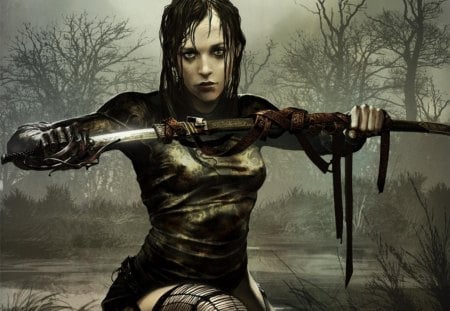 Blade Mistress - warrior, fighter, black, blade, dark, trees, woman