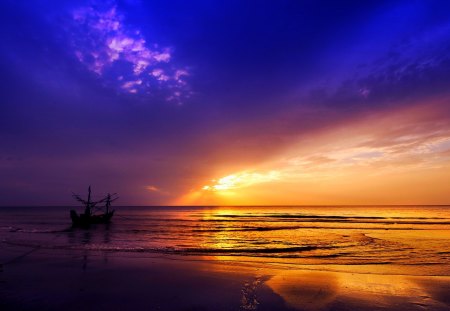 SUNSET COLORS - beach, sunset, sea, boat