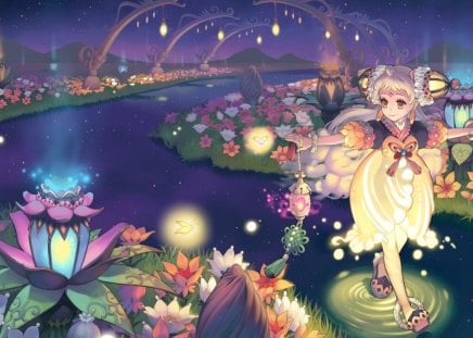 The night of lights - princess, aqua, water, spring, purple, blonde hair, yellow, anime, luna, manga, moon, girl, light, walking, night, lantenr, serenity, lilly, lotus, bow, blue, pink, flower