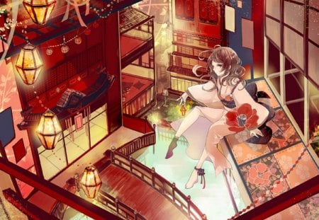 Poppy waiting on the roof - woman, princess, girl, light, night, christmas, geisha, roof, lantern, castle, red, anime, flower, manga, poppy