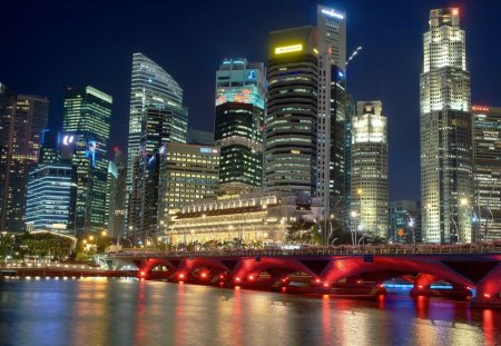 awesome singapore at night - skyscrapers, waterfront, city, night, bridge