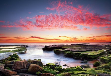 amazing coastal sunset - stone, sunset, moss, shore, rocks, coast, nature, clouds, sea