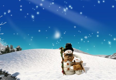 Smiling snowmen - cute, beautiful, stars, snowmen, christmas, mood, smiling, field, nature, new year, funny, winter, pretty, snowflakes, sweet, sky, holiday, nice, friends, lovely, smile, snow