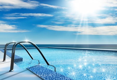 shimmering water in a pool - ladder, shimmer, sun, clouds, pool