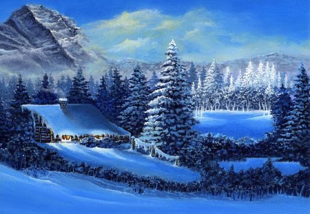 Winter cabin - new year, cottage, sky, trees, peaceful, mountains, painting, calm, evening, noel, holiday, house, winter, night, serenity, christmas, nature, lonely, blue, snow, eve, cabin, lights