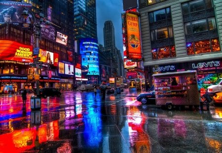 times square in the rain - streets, raimn, skyscrapers, city, cart