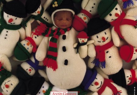 Cute snowman - snowman, winter, child, black, christmas, white, red, green, anne geddes, photo, cute