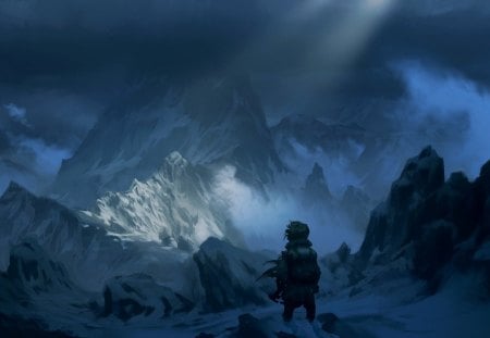 far over the misty mountains - mountains, artistic, ice, painting, boy