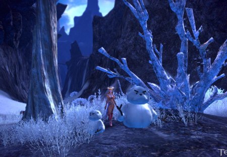 Tera - forest, tera, winter, game, snowman, girl, blue, white, fantasy, tree, snow