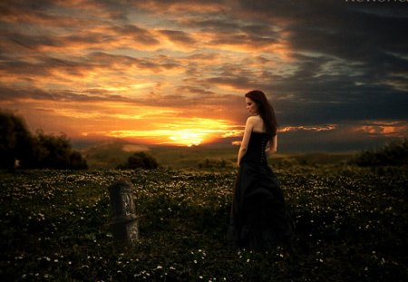 one more moment - women, sky, clouds, flowers, grass, artistic